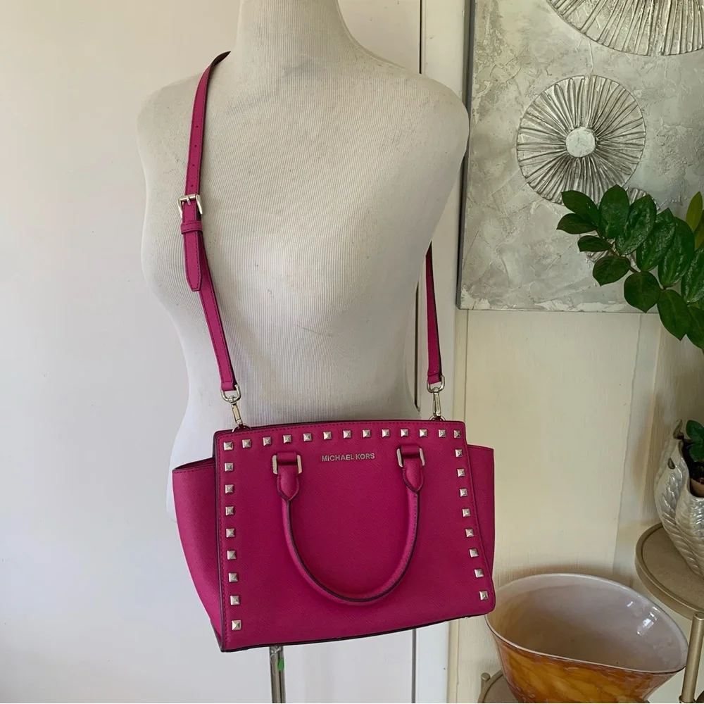 Michael Kors Fuchsia Pink Leather Medium Size Studded Satchel - Picture 1 of 12